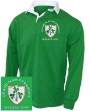 Ireland Grand Slam 2009 Rugby shirt.  A 1970's style retro Ireland Rugby shirt. This Retro 1970's style rugby shirt is ideal for showing the World that you are proud to support the Ireland Rugby side. Vintage Irish green rugby shirt with white contrast collar. The shirt has been embroidered with the classic triple shamrock crest.